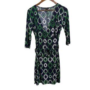 New Directions Womens Blue Green Faux Wrap Geometric 3/4 Stretch Dress Size 6